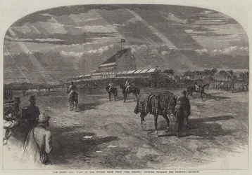 O dia de Derby, vista do curso de perto do canto, olhando para o Paddock